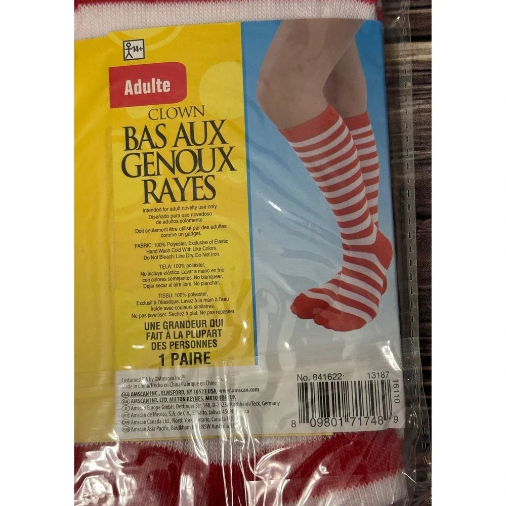 Clown Knee High Socks Adult One Size Red White Striped Costume Accessory New